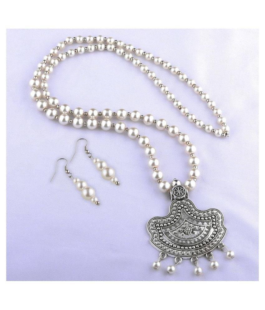 SILVERSHINE silverplated Designer Traditional Long Pearl Drop pendant Necklace set for women Jewellery set SILVERSHINE silverplated Designer Traditional Long Pearl Drop pendant Necklace set for women Jewellery set