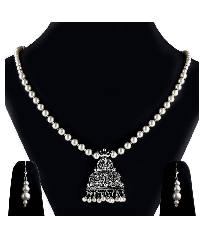     			SILVERSHINE silverplated Designer Traditional Long Pearl Drop 3-round Design pendant Necklace set for women Jewelleryset