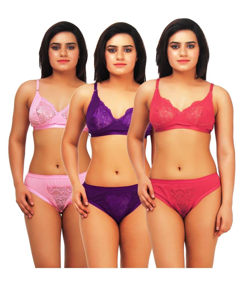 TCG Pack of 3 Cotton Lycra Women's Bra & Panty Set ( Multi Color )