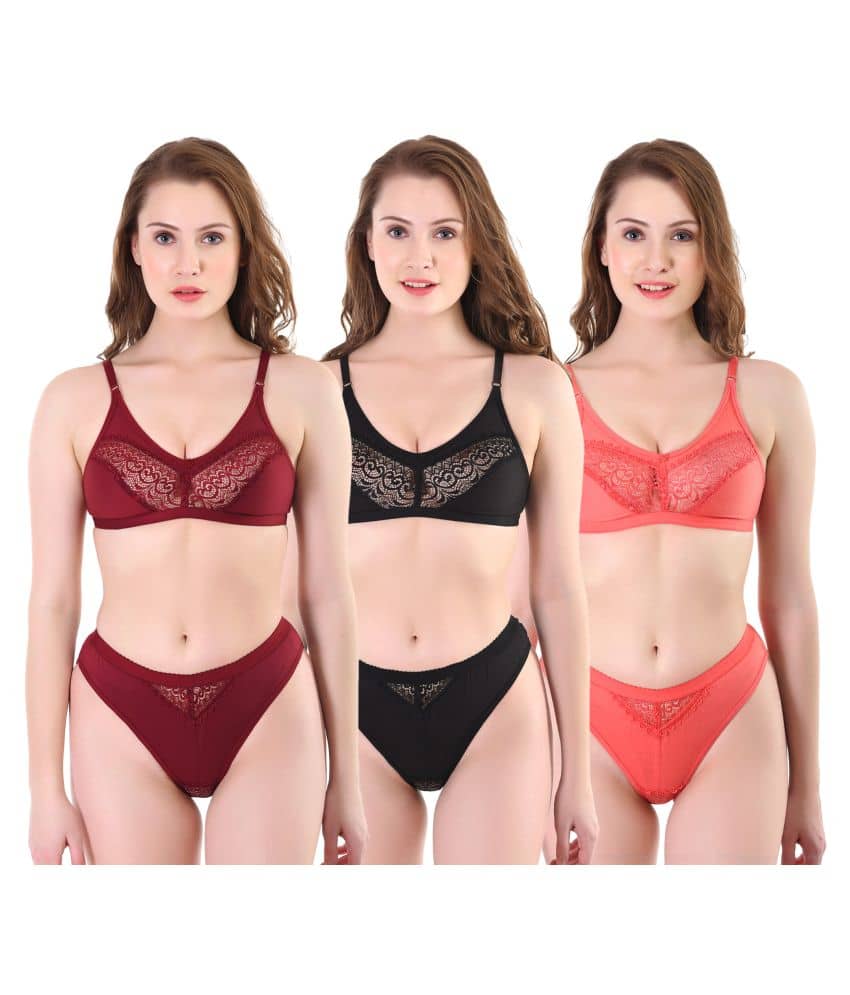 TCG Pack of 3 Cotton Lycra Women's Bra & Panty Set ( Multi Color )