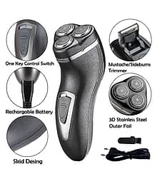 2in1 Kemei Men's Chargeable Waterproof 3D Sideburns Beard Mustache Trimmer Triple Blade Rotary Shaver ( Gray )