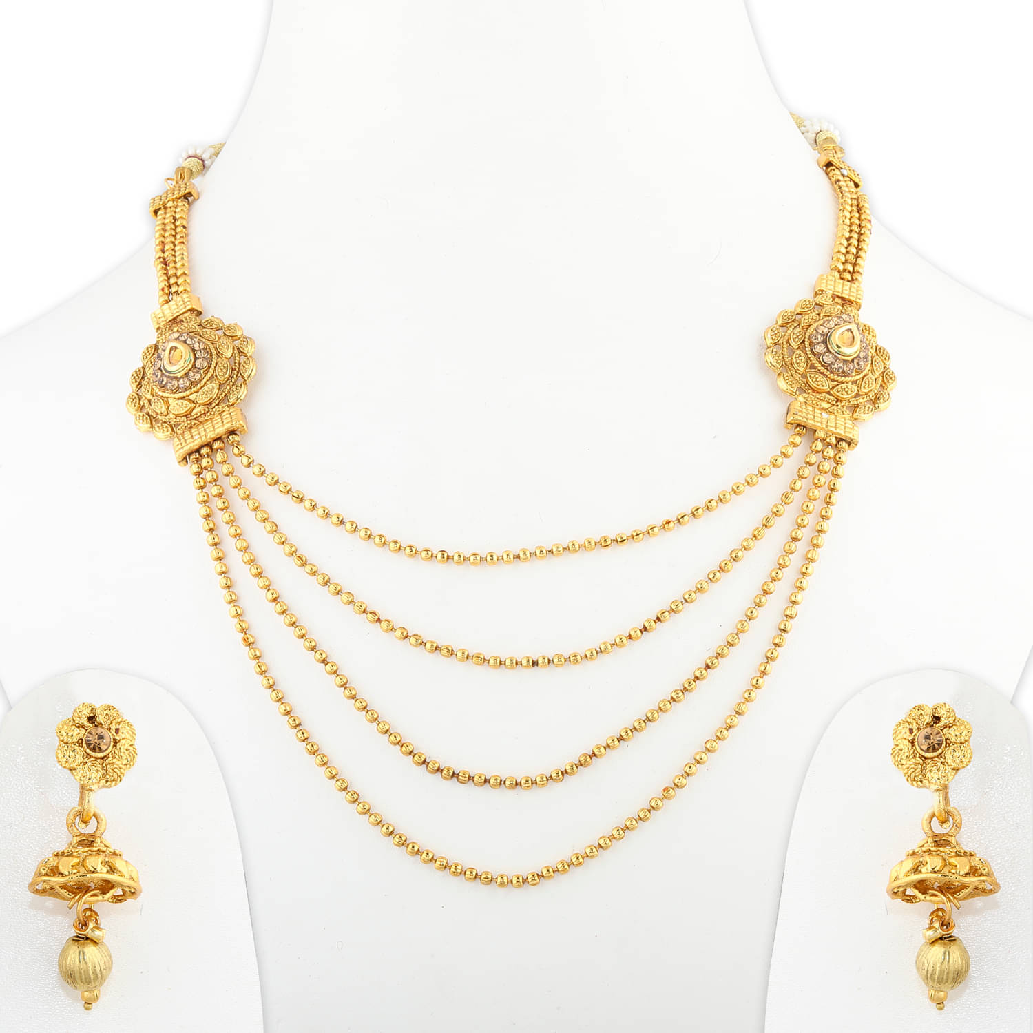     			Silver Shine Alloy Golden Choker Traditional Gold Plated Necklaces Set