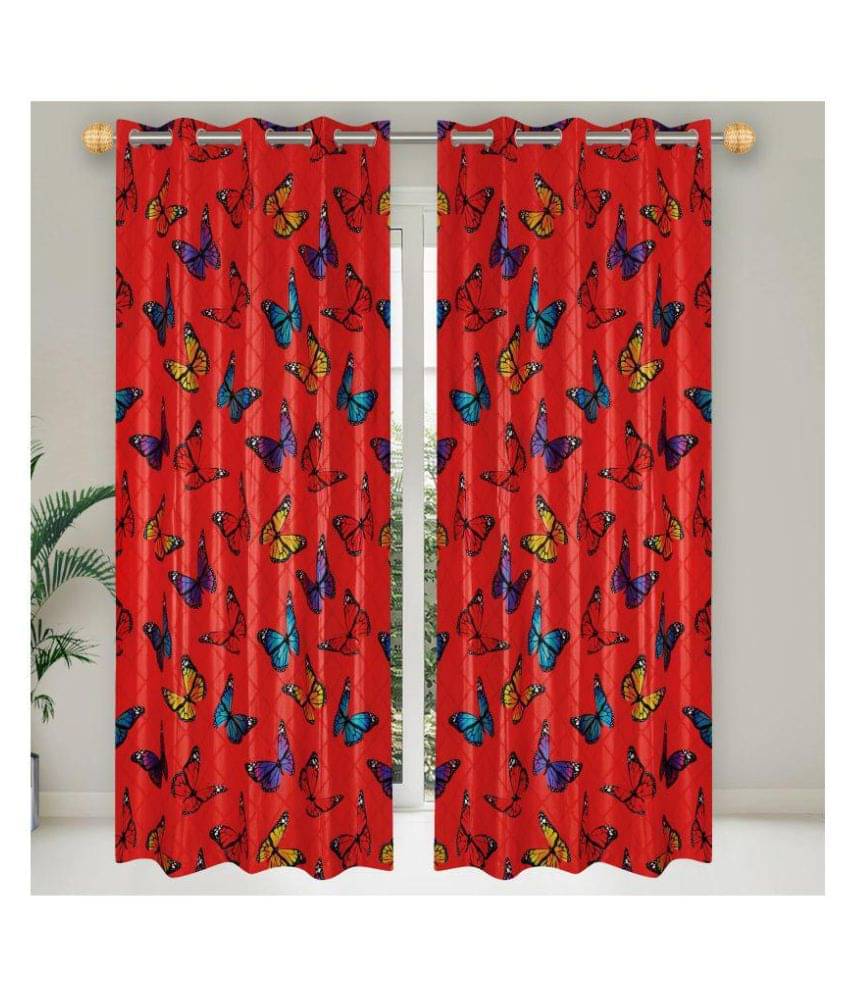 E-Retailer Set of 2 Long Door Semi-Transparent Eyelet Polyester Curtains Red E-Retailer Set of 2 Long Door Semi-Transparent Eyelet Polyester Curtains Red