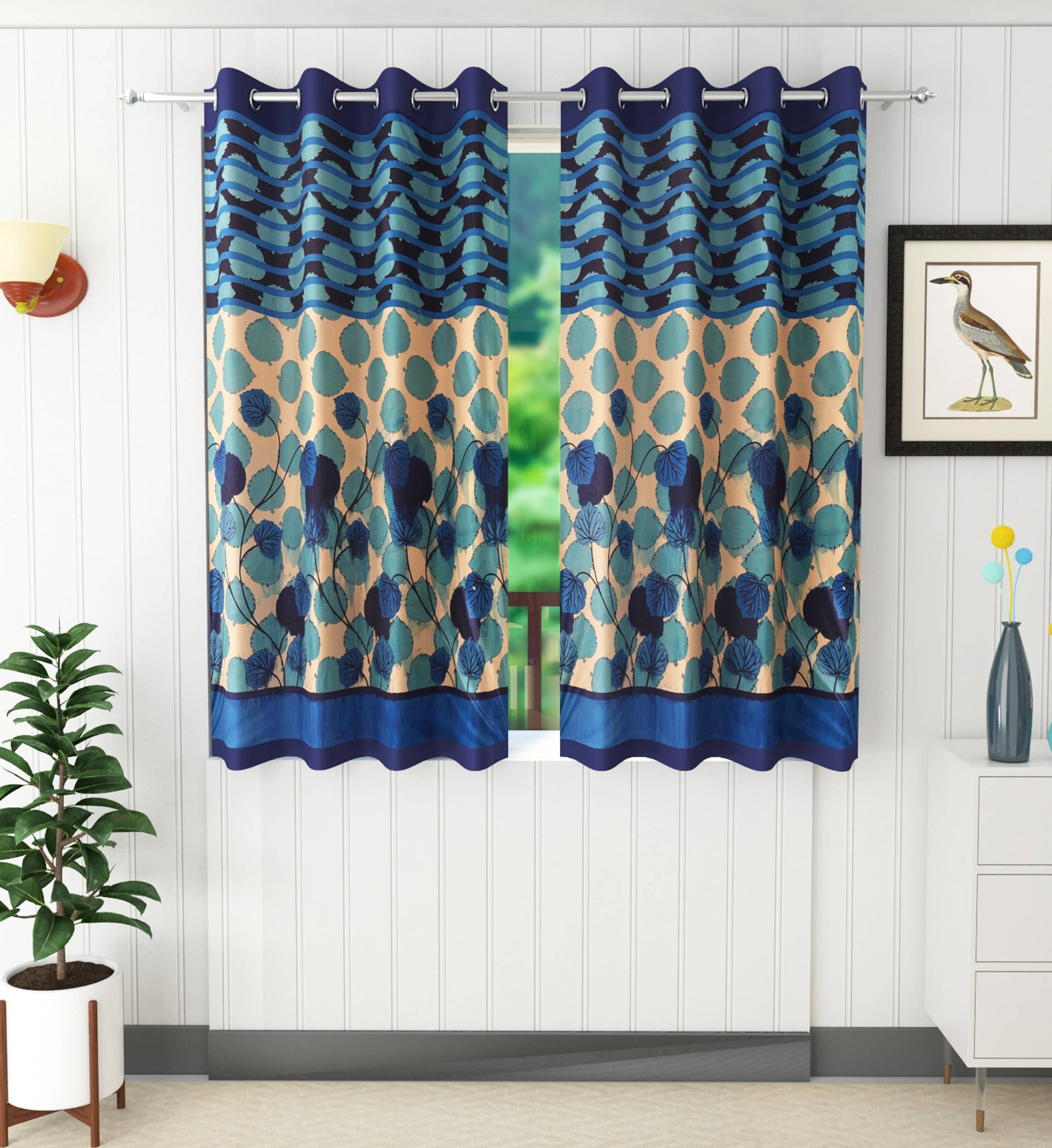 Homefab India Floral Semi-Transparent Eyelet Window Curtain 5ft (Pack of 2) - Blue