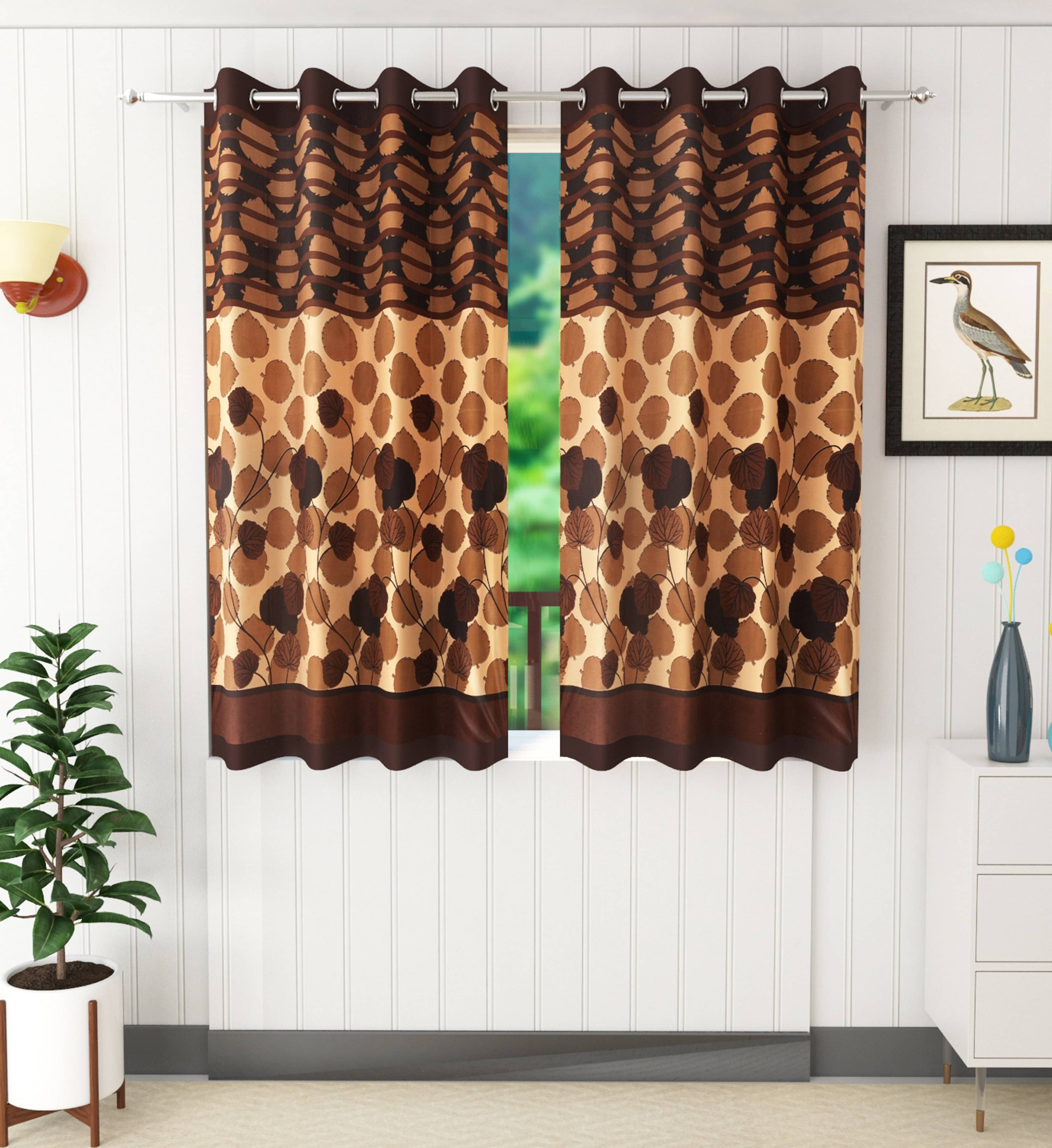     			Homefab India Floral Semi-Transparent Eyelet Window Curtain 5ft (Pack of 2) - Brown