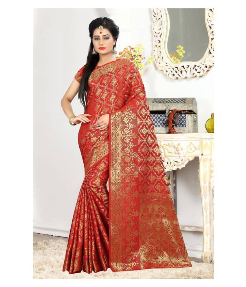 Gazal Fashions Silk Printed Saree With Unstitched Blouse Piece ( Red ) - Sarees | Buy online on ZillyBuy