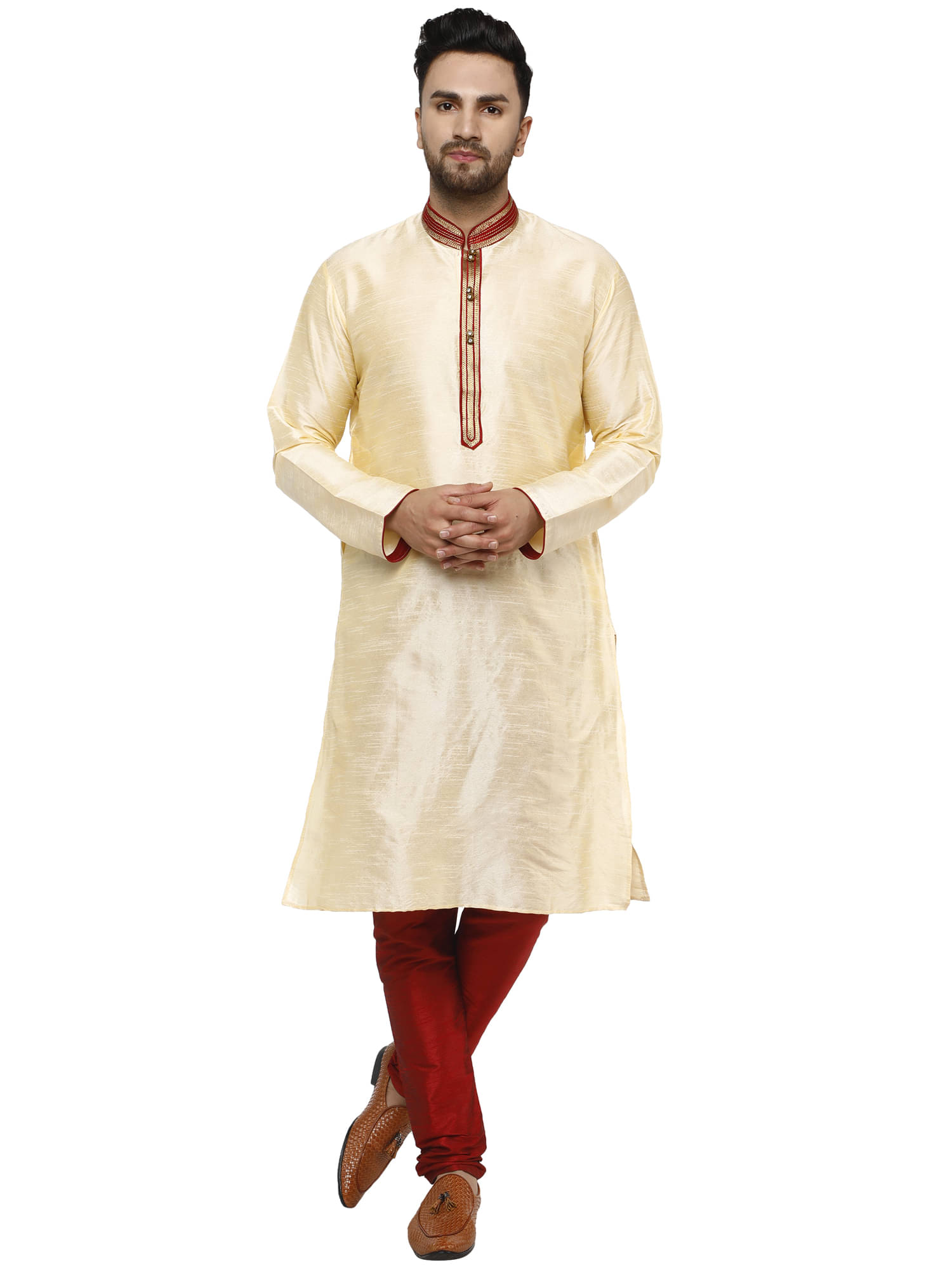SKAVIJ Beige Silk Blend Kurta Pyjama Set SKAVIJ Beige Silk Blend Kurta Pyjama Set