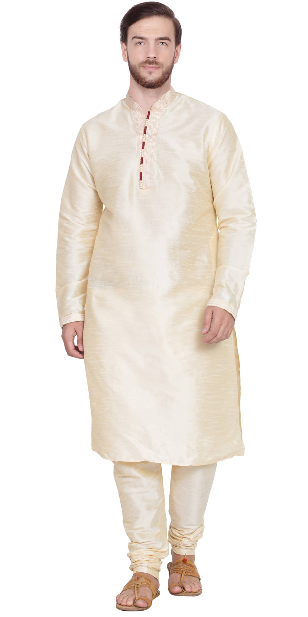     			SKAVIJ Beige Silk Blend Kurta Pyjama Set