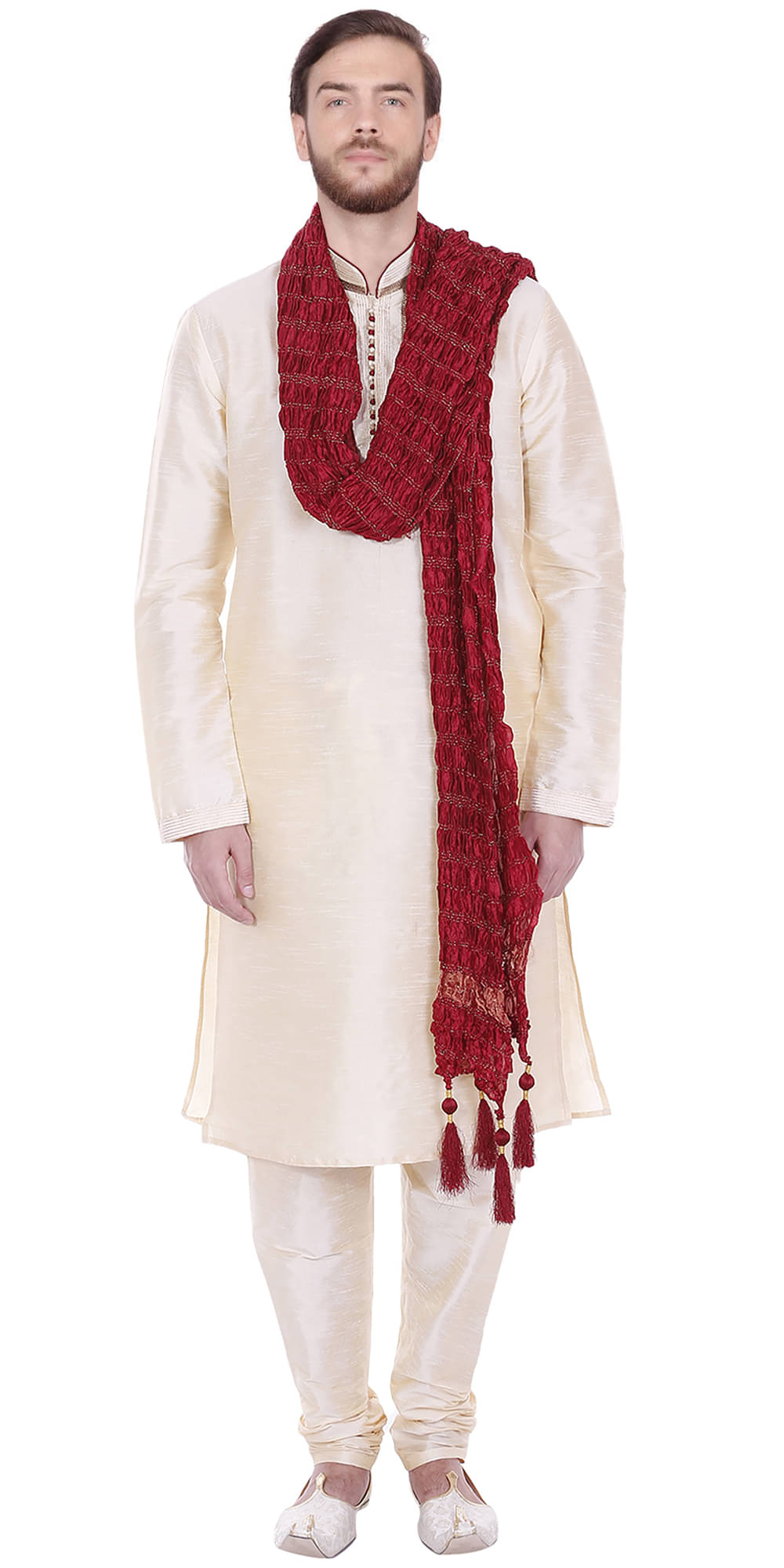SKAVIJ Beige Silk Blend Kurta Pyjama Set SKAVIJ Beige Silk Blend Kurta Pyjama Set