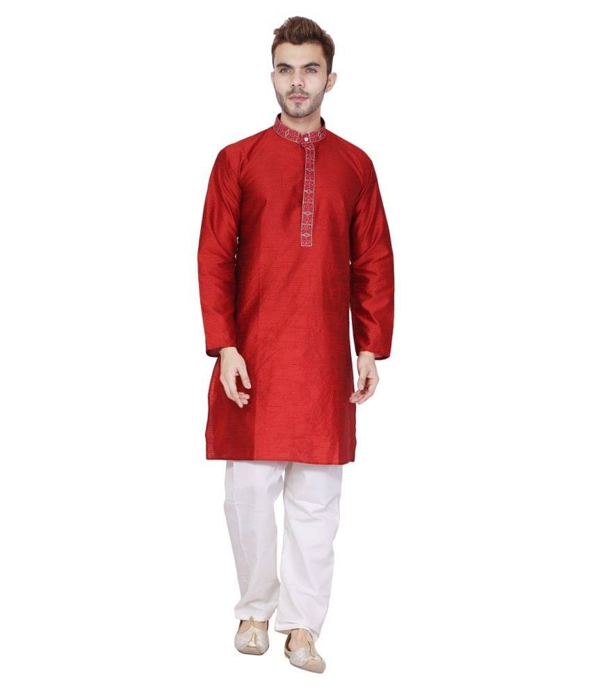 SKAVIJ Red Silk Blend Kurta Pyjama Set SKAVIJ Red Silk Blend Kurta Pyjama Set