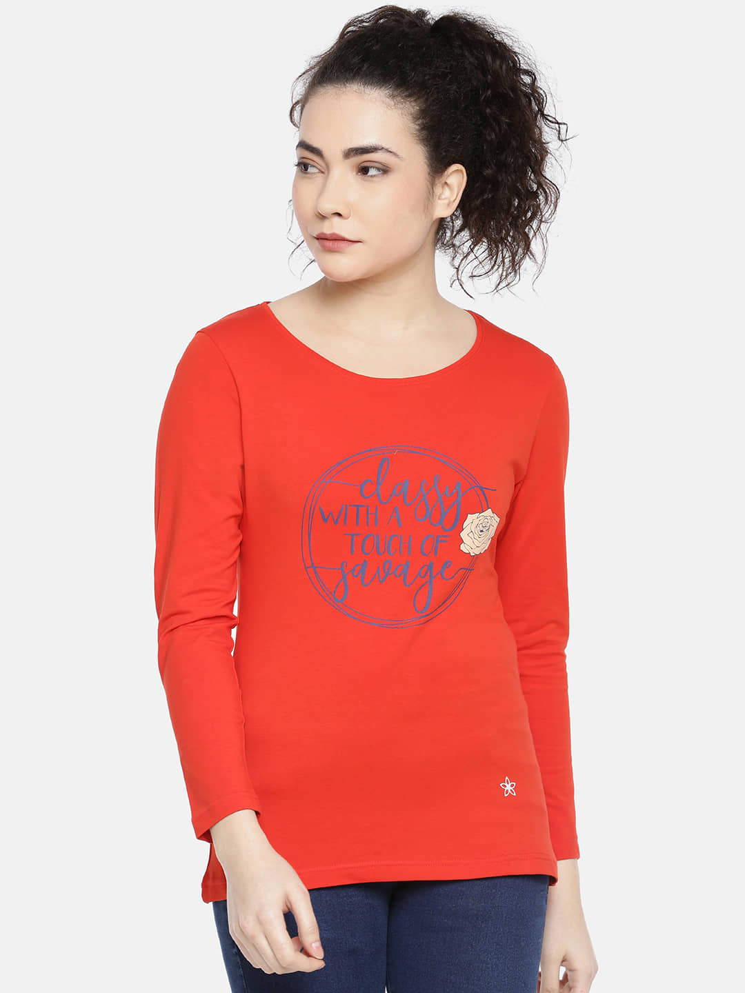 Dollar Missy Women Cotton Printed Slim Fit Round Neck T-Shirt ( Red )