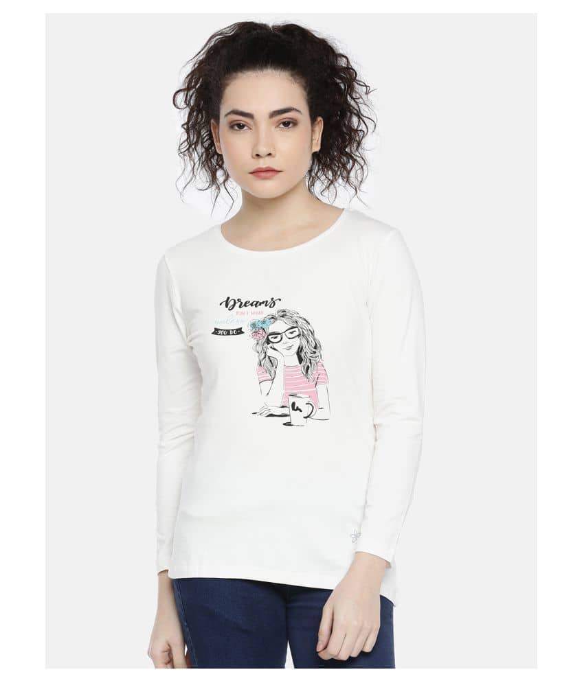 Dollar Missy Women Cotton Printed Slim Fit Round Neck T-Shirt ( White )