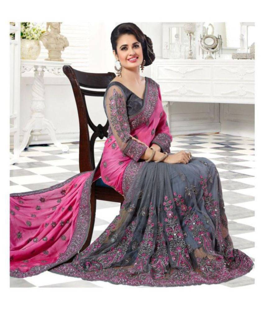     			Pahal Fashion Net Embroidered Saree With Unstitched Blouse Piece ( Grey )
