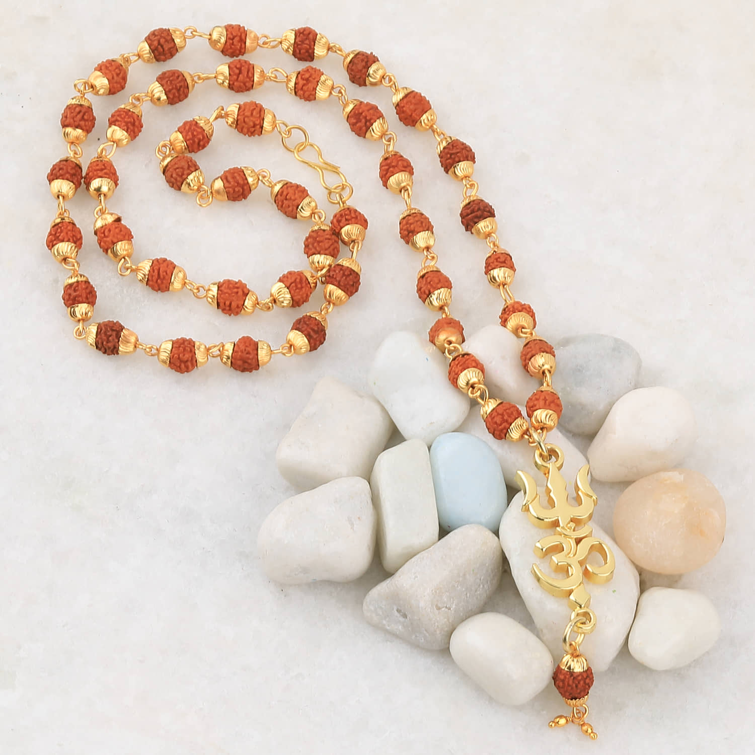 SILVER SHINE Gold Plated  Traditional Rudraksh Mala Om Trishul Pendant for Men and Women