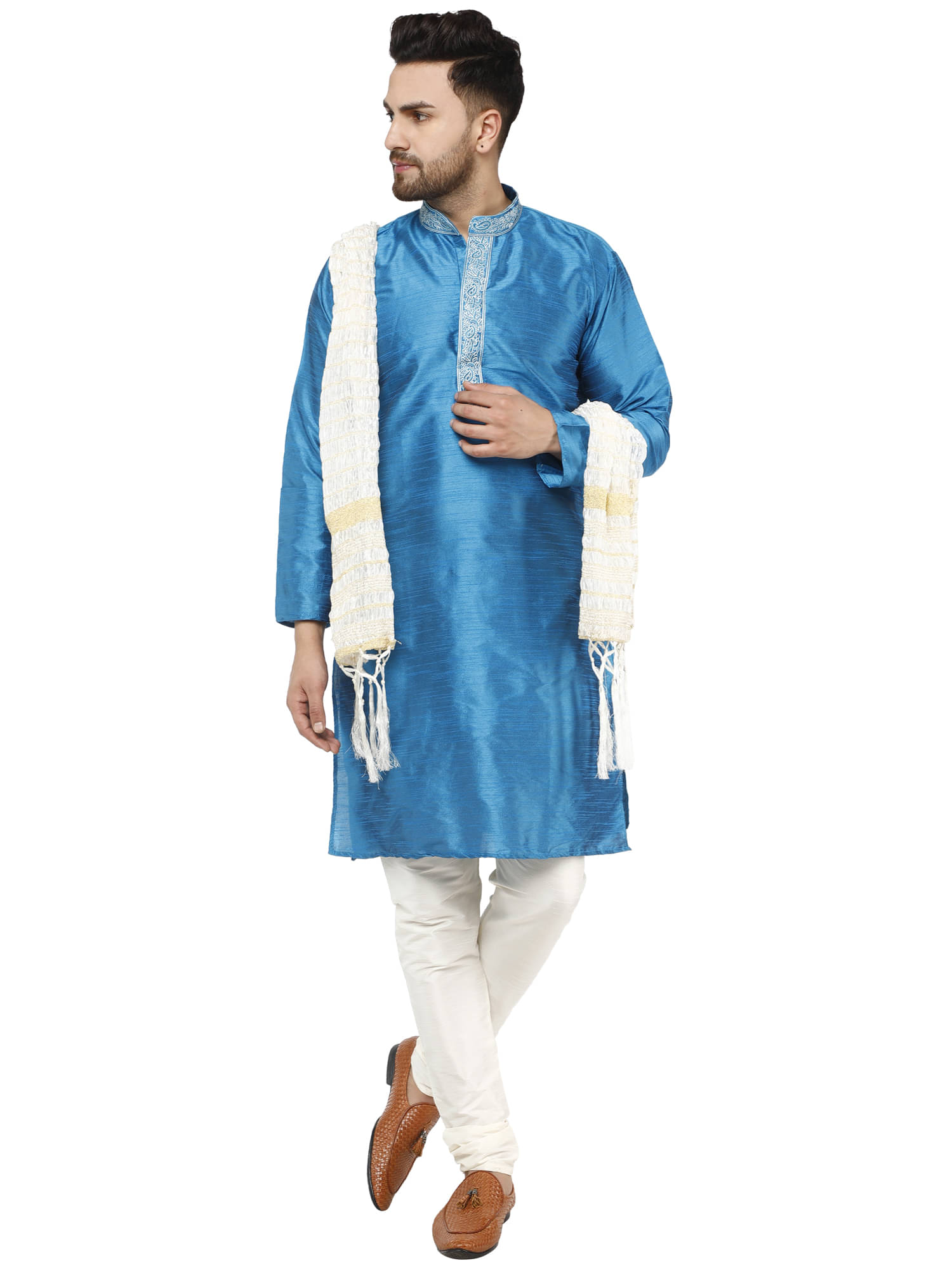     			SKAVIJ Turquoise Silk Blend Kurta Pyjama Set