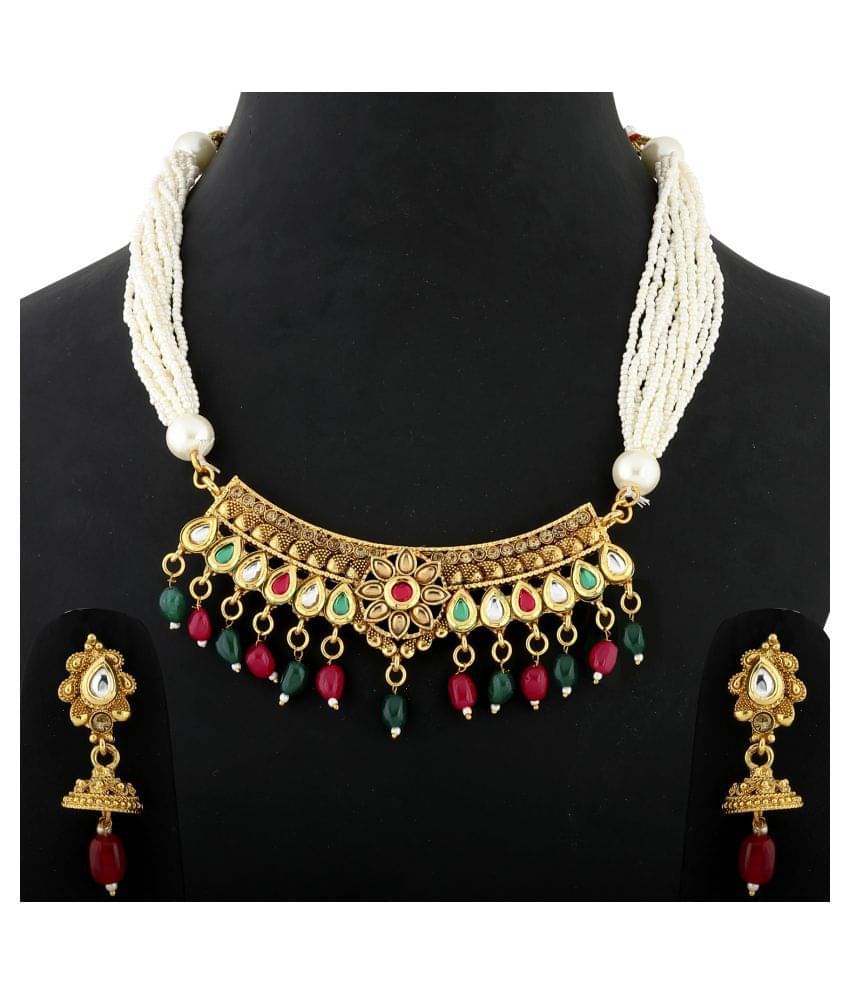 Silver Shine Alloy Golden Choker Traditional Gold Plated Necklaces Set Silver Shine Alloy Golden Choker Traditional Gold Plated Necklaces Set