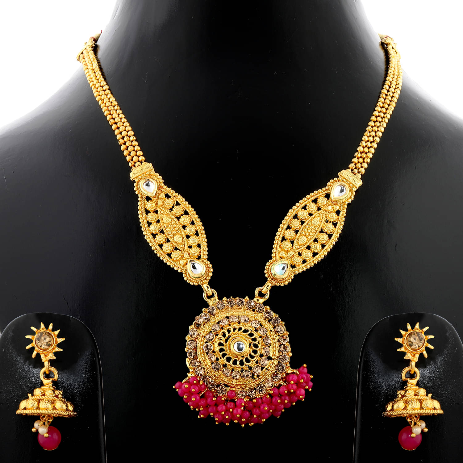     			Silver Shine Alloy Golden Choker Traditional Gold Plated Necklaces Set