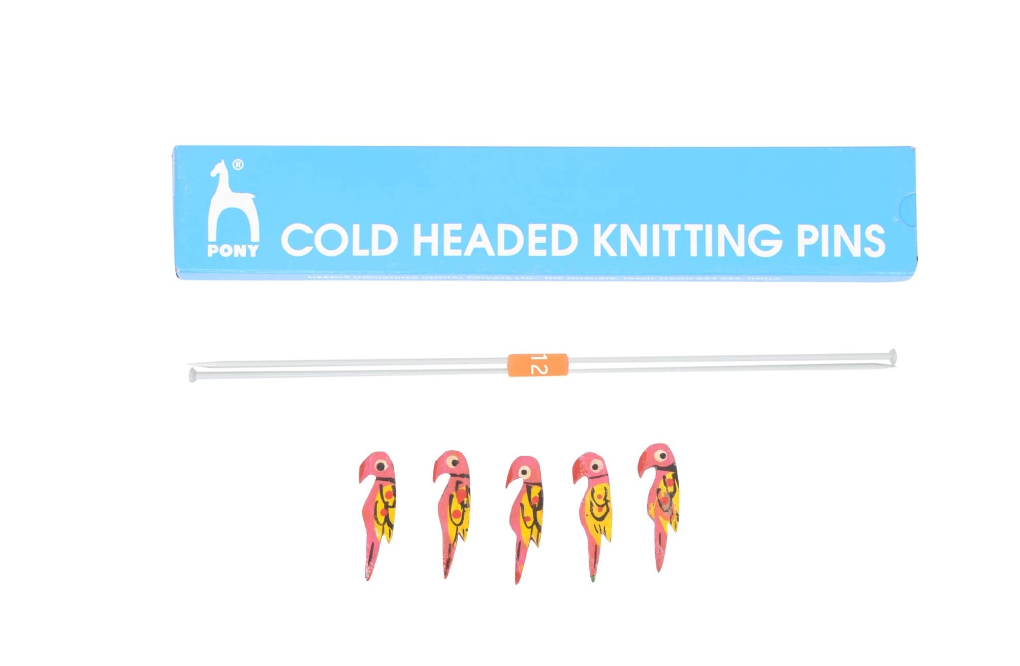 Classic Aluminium Cold Headed Knitting Needle Pin Pair, 25 cm Length, Size 12 no (2.75 mm), with 5 Wooden Parrots