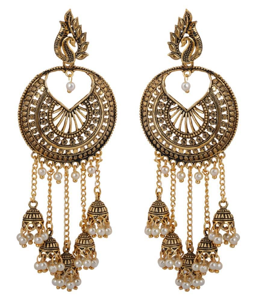 Silver Shine Beautiful Golden Round Peacock Jhumki Dangler Earrings for Women - Earrings | Buy online on ZillyBuy