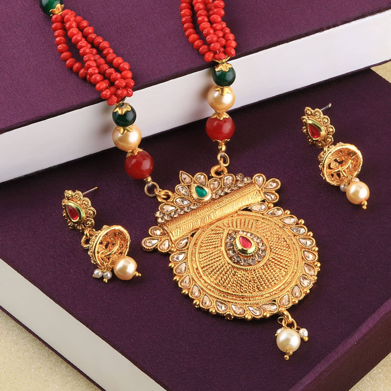SILVER SHINE Traditional Gold Plated Pearl Mala Pendant Set For Women Girl