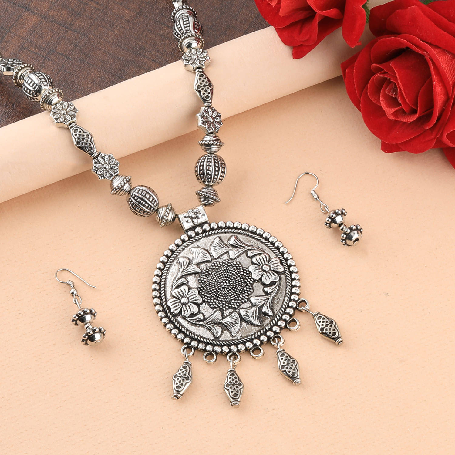 SILVERSHINE Amazing Oxidised Pendant Designer mala set Jewellery for Women girl SILVERSHINE Amazing Oxidised Pendant Designer mala set Jewellery for Women girl