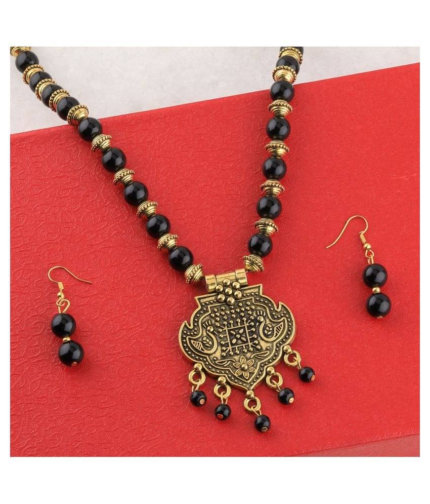 SILVERSHINE Attractive Gold Oxidised Pendant Black Pearl mala set for Women girl     			SILVERSHINE Attractive Gold Oxidised Pendant Black Pearl mala set for Women girl
