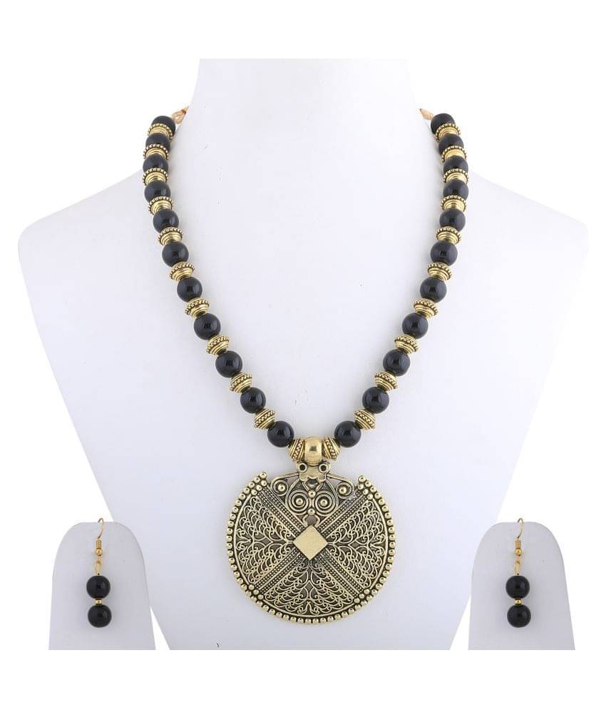 SILVERSHINE Elegant Gold Oxidised Pendant Black Pearl mala set for Women girl SILVERSHINE Elegant Gold Oxidised Pendant Black Pearl mala set for Women girl