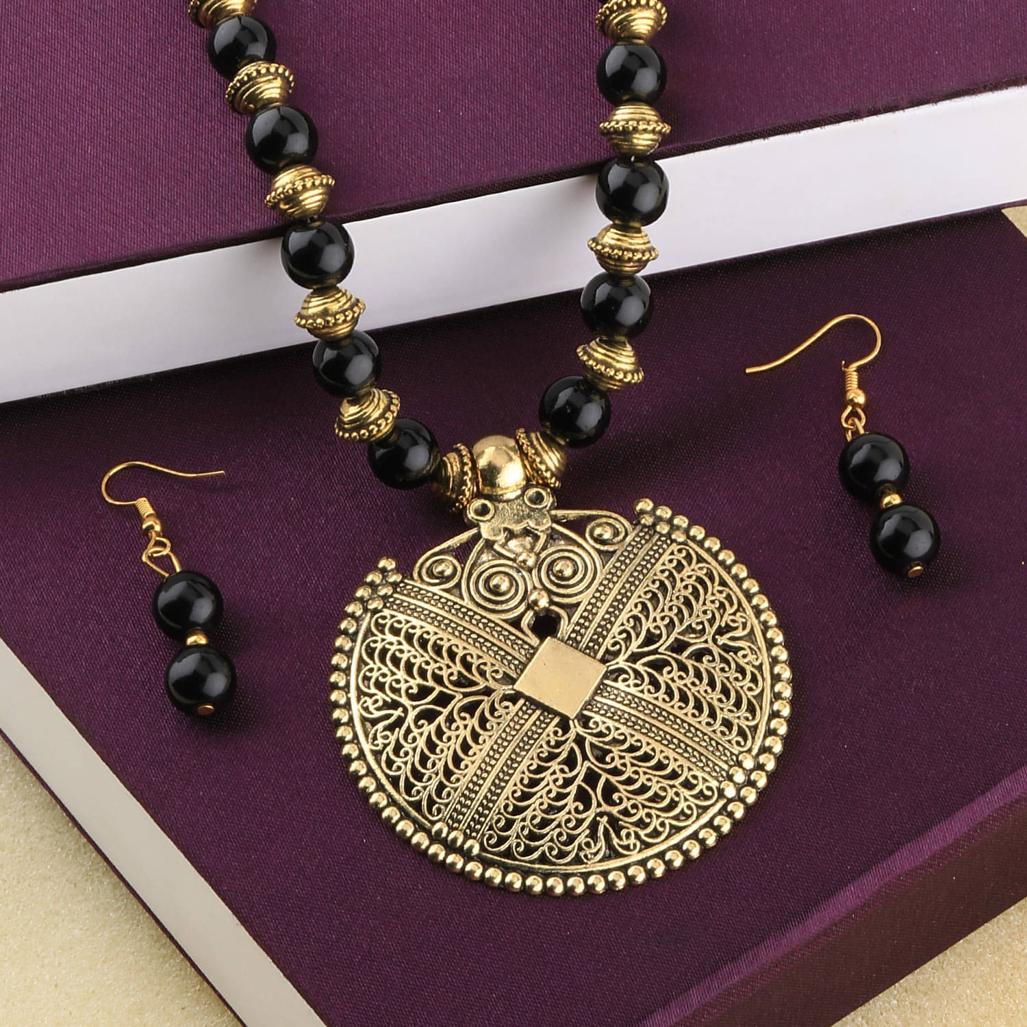 SILVERSHINE Elegant Gold Oxidised Pendant Black Pearl mala set for Women girl SILVERSHINE Elegant Gold Oxidised Pendant Black Pearl mala set for Women girl