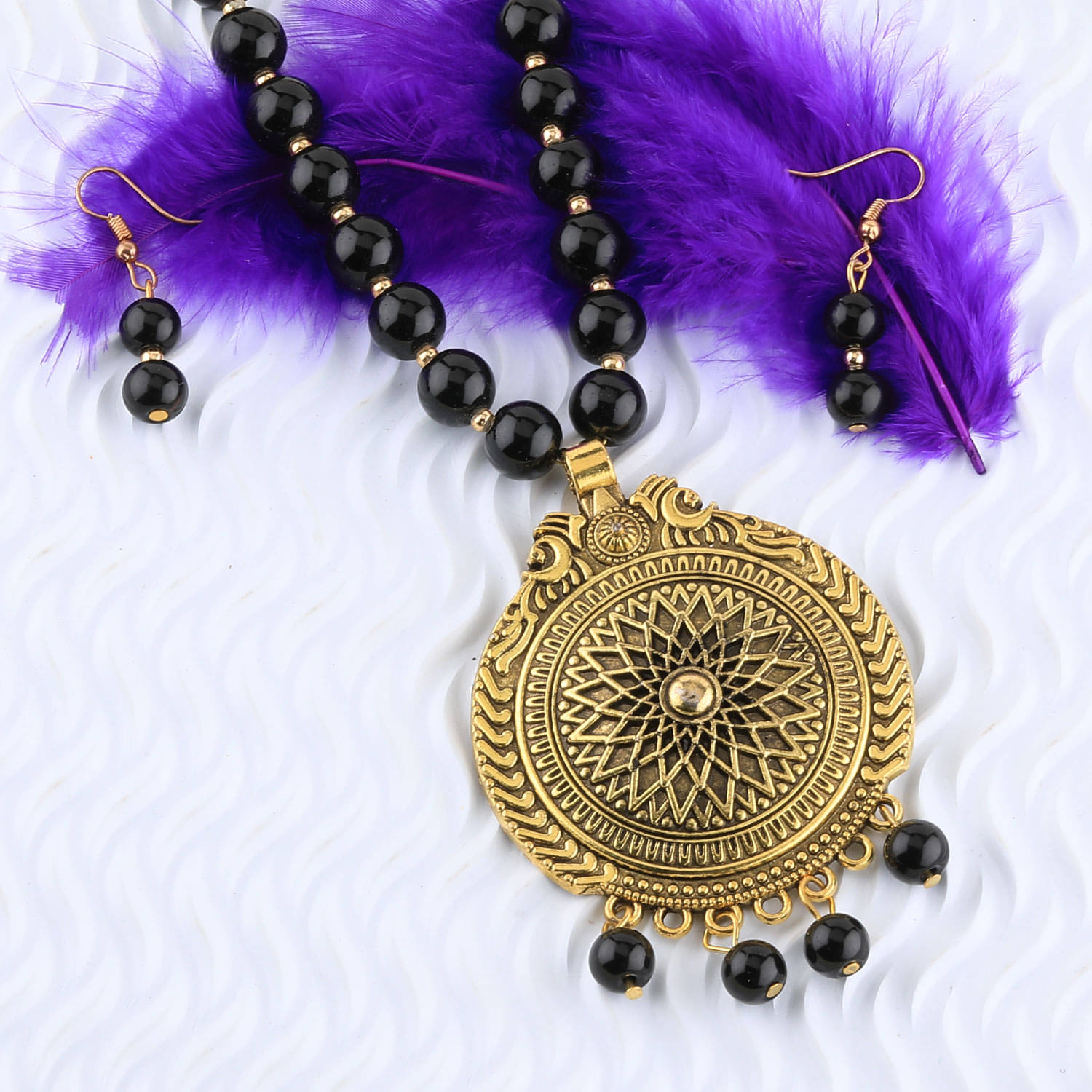 SILVERSHINE Ethic Designer Gold Oxidised Pendant Black Pearl mala set for Women girl     			SILVERSHINE Ethic Designer Gold Oxidised Pendant Black Pearl mala set for Women girl
