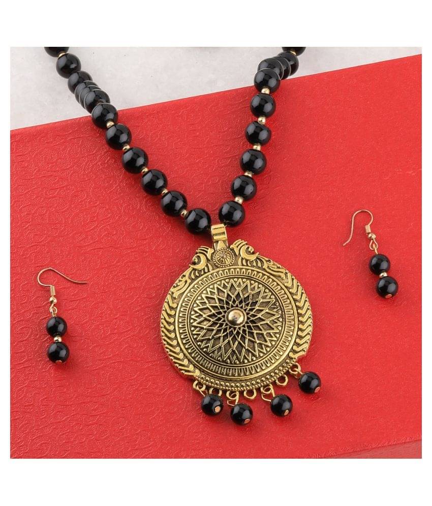     			SILVERSHINE Ethic Designer Gold Oxidised Pendant Black Pearl mala set for Women girl
