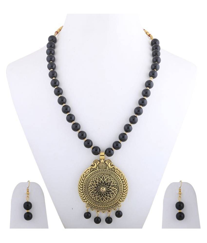     			SILVERSHINE Ethic Designer Gold Oxidised Pendant Black Pearl mala set for Women girl