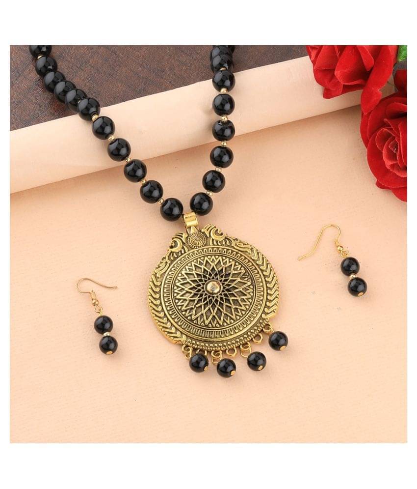 SILVERSHINE Ethic Designer Gold Oxidised Pendant Black Pearl mala set for Women girl SILVERSHINE Ethic Designer Gold Oxidised Pendant Black Pearl mala set for Women girl