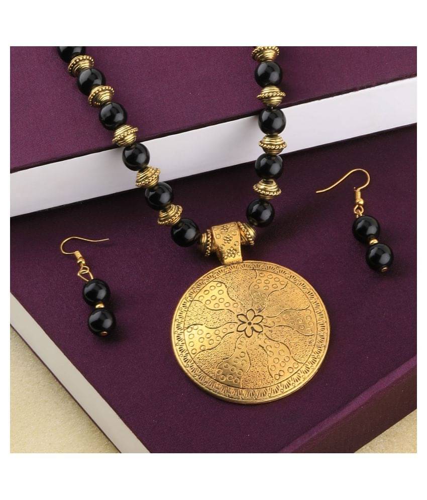 SILVERSHINE Stylish Designer Gold Oxidised Round Pendant Black Pearl mala set for Women girl SILVERSHINE Stylish Designer Gold Oxidised Round Pendant Black Pearl mala set for Women girl