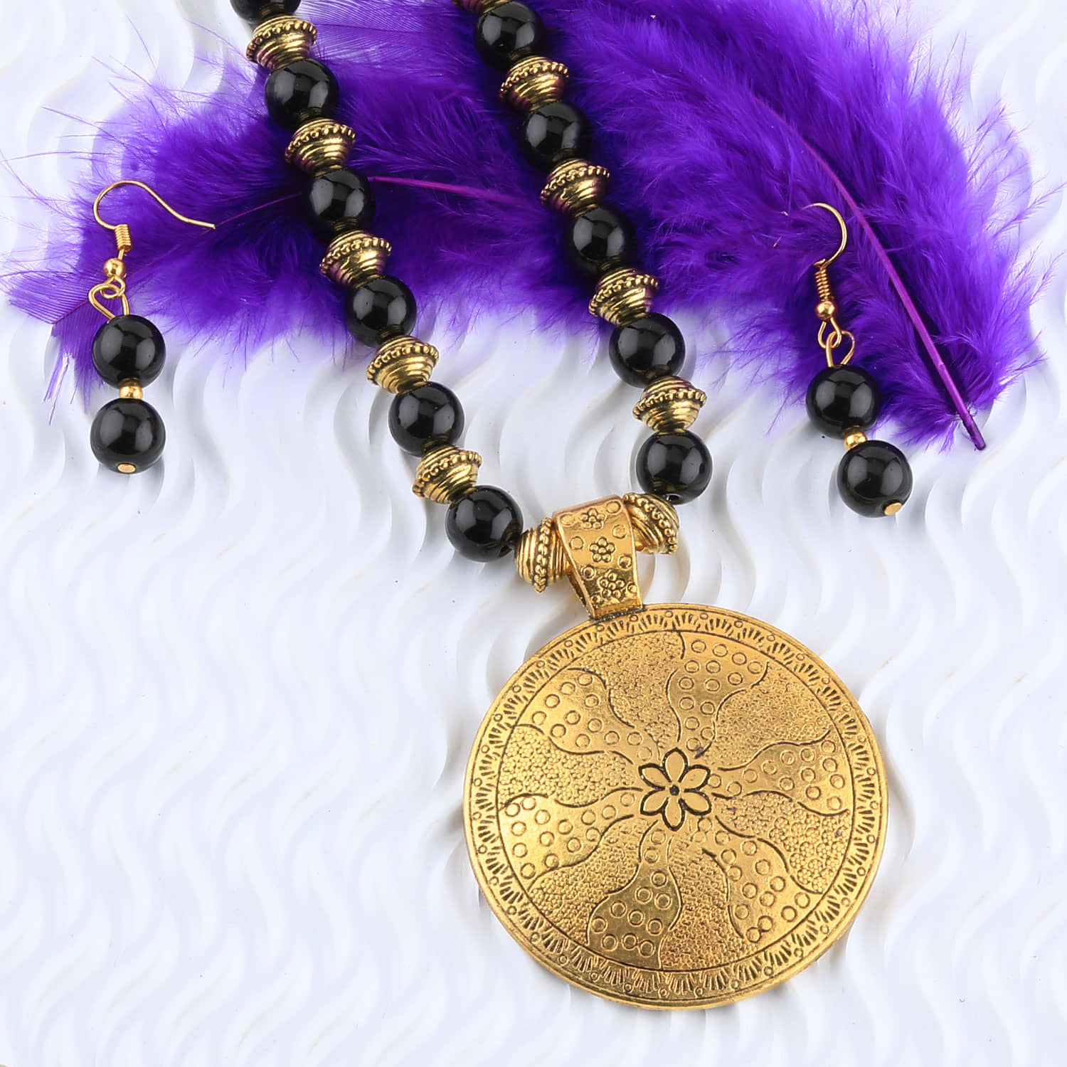 SILVERSHINE Stylish Designer Gold Oxidised Round Pendant Black Pearl mala set for Women girl