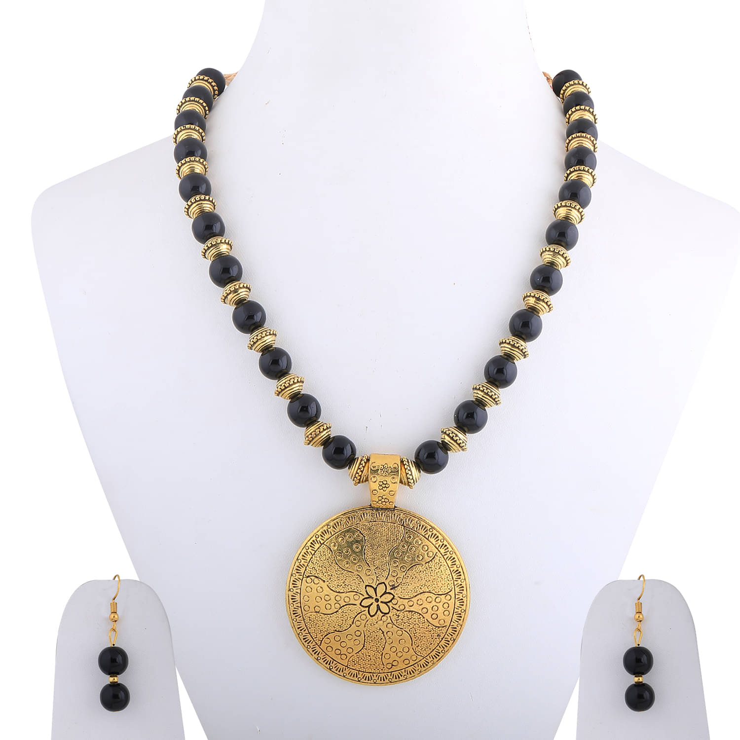 SILVERSHINE Stylish Designer Gold Oxidised Round Pendant Black Pearl mala set for Women girl SILVERSHINE Stylish Designer Gold Oxidised Round Pendant Black Pearl mala set for Women girl