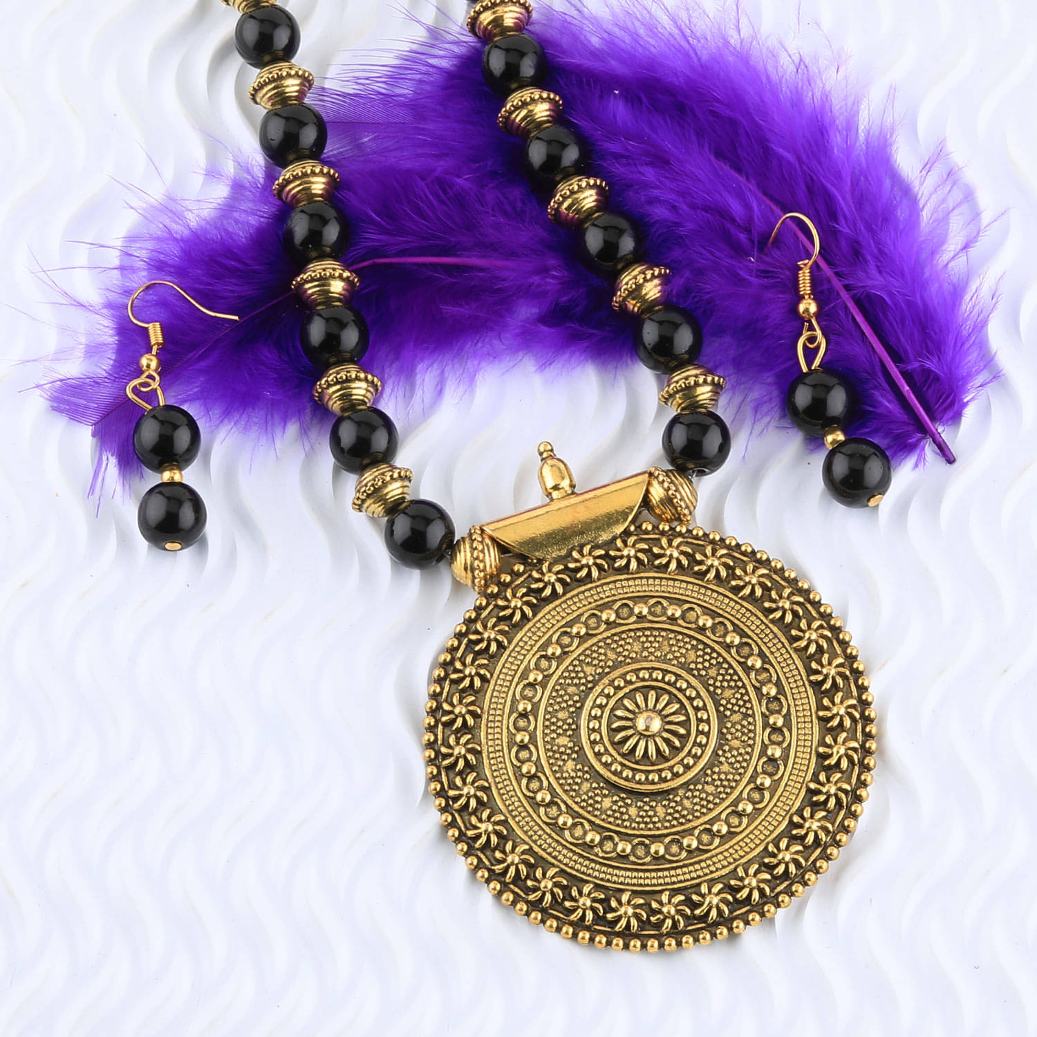     			SILVERSHINE Traditional Designer Gold Oxidised Big Pendant Black Pearl mala set for Women girl