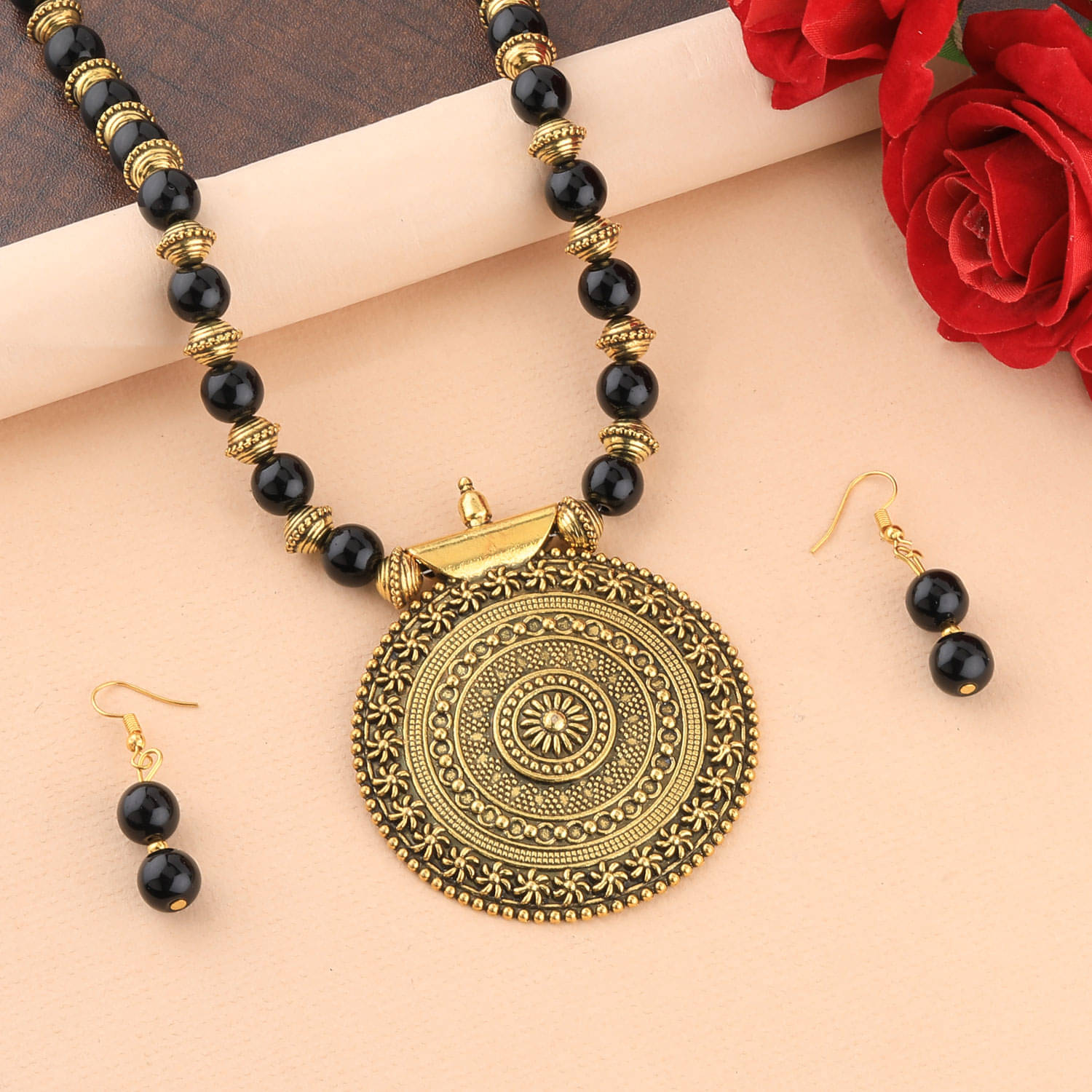SILVERSHINE Traditional Designer Gold Oxidised Big Pendant Black Pearl mala set for Women girl     			SILVERSHINE Traditional Designer Gold Oxidised Big Pendant Black Pearl mala set for Women girl