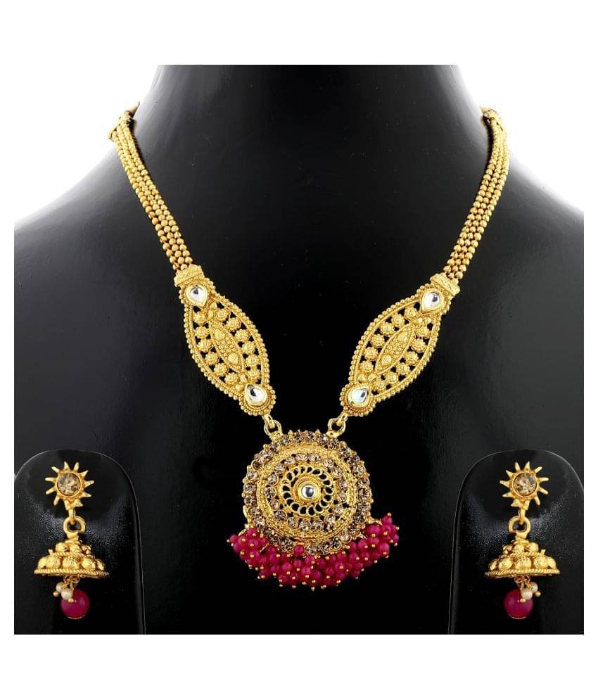     			Silver Shine Designer Chain Round Pandel And Pink Crystal  Long Set Jewellery For  Women And Girls