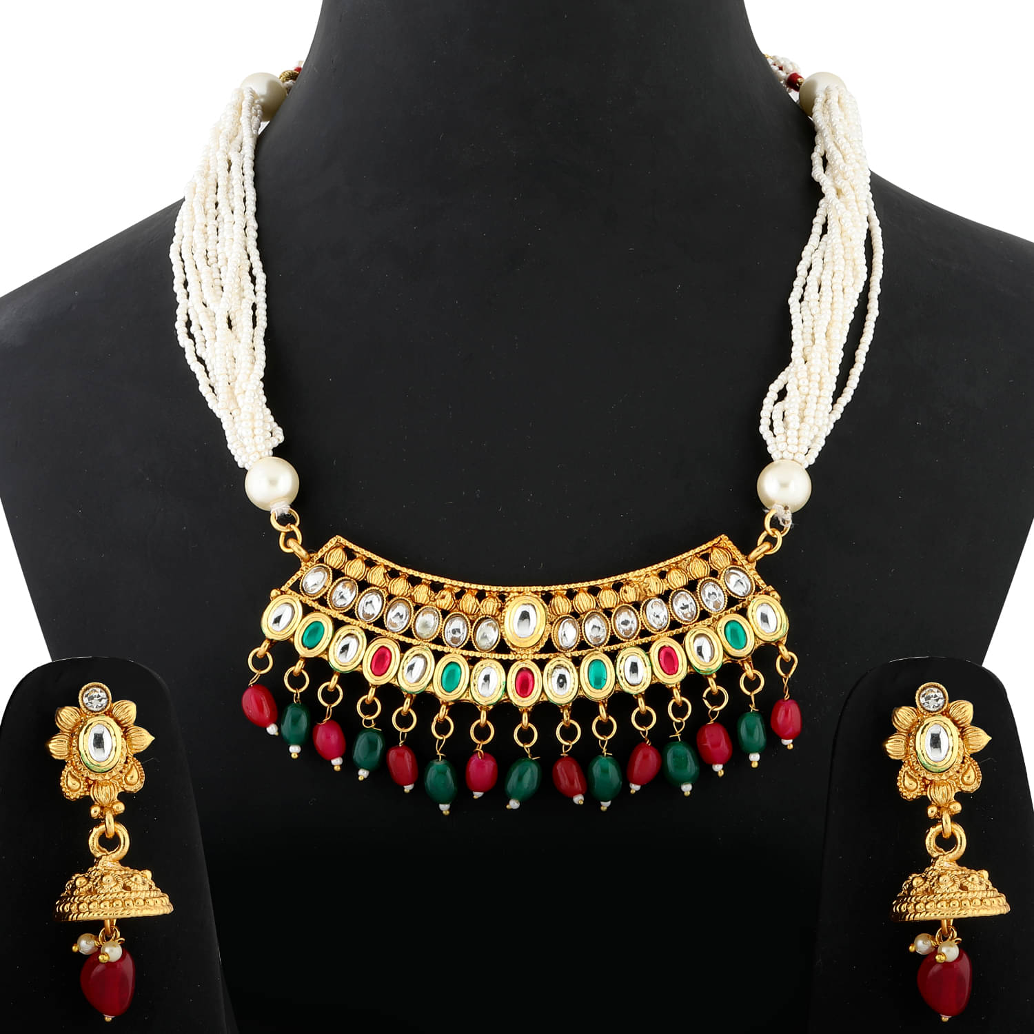 Silver Shine exlusive Gold plated Traditional Red,Green and White Stone kundan Studded with Multi White bead line chain type Designer Mala Wedding Necklace jewellery set for Girls And Women     			Silver Shine exlusive Gold plated Traditional Red,Green and White Stone kundan Studded with Multi White bead line chain type Designer Mala Wedding Necklace jewellery set for Girls And Women
