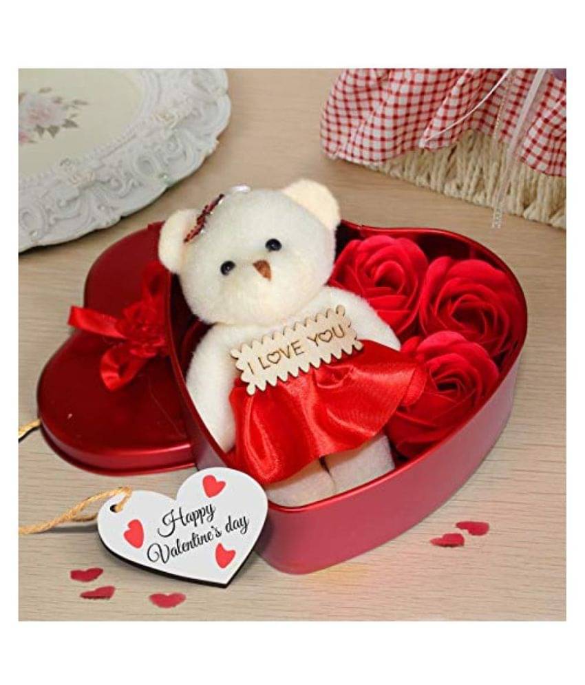     			NIHIT Red Heart Valentines day Tin Gifts BOX (3 Pieces Roses 1 Small Bear)