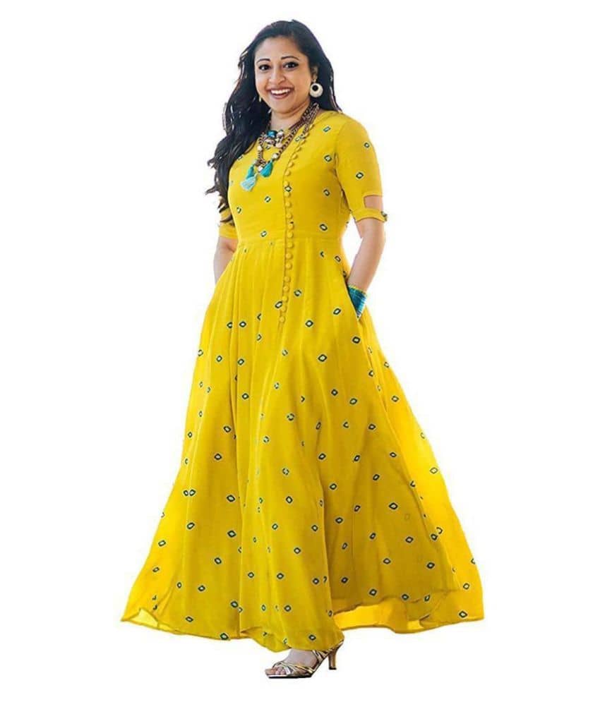 SHREE JEE FABRICS Yellow Rayon Anarkali Kurti - Kurtis, Tunics | Buy online on ZillyBuy