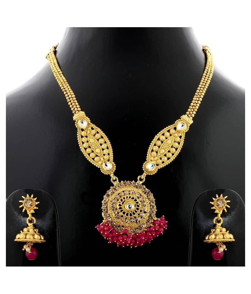     			Silver Shine Alloy Golden Choker Traditional Gold Plated Necklaces Set