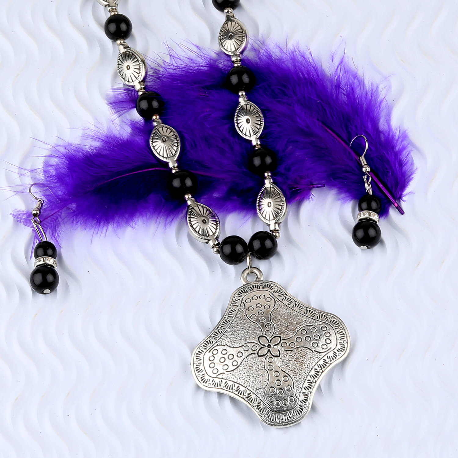     			SILVERSHINE Adjustable Party Wear Silver Plated With Black Pearl  Pendant mala set for Women girl
