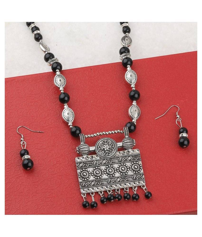     			SILVERSHINE Adjustable Silver Oxidised Square Pendant Black Pearl set for Women girl