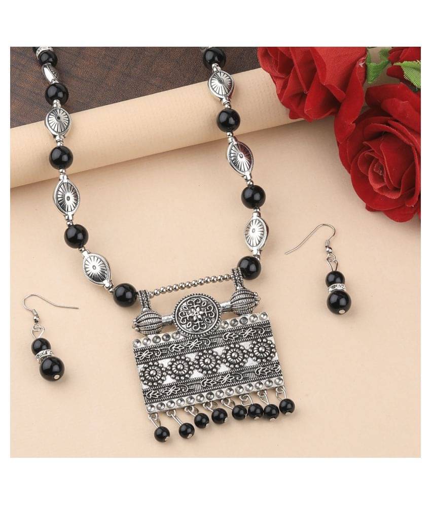     			SILVERSHINE Adjustable Silver Oxidised Square Pendant Black Pearl set for Women girl