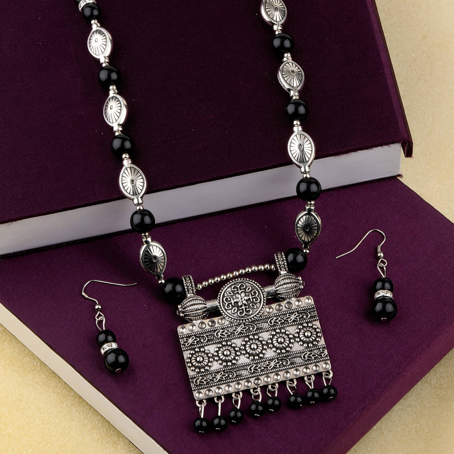     			SILVERSHINE Adjustable Silver Oxidised Square Pendant Black Pearl set for Women girl