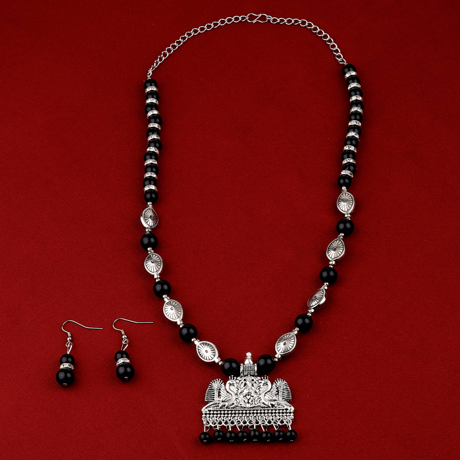 SILVERSHINE Adjustable Silver Plated With Black Pearl Designer Pendant mala set for Women girl SILVERSHINE Adjustable Silver Plated With Black Pearl Designer Pendant mala set for Women girl