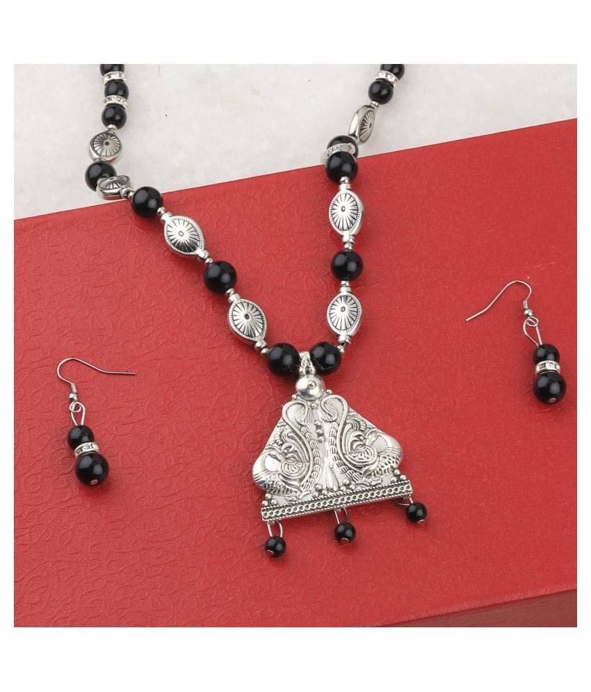 SILVERSHINE Adjustable Silver Plated With Black Pearl Pendant mala set for Women girl SILVERSHINE Adjustable Silver Plated With Black Pearl Pendant mala set for Women girl