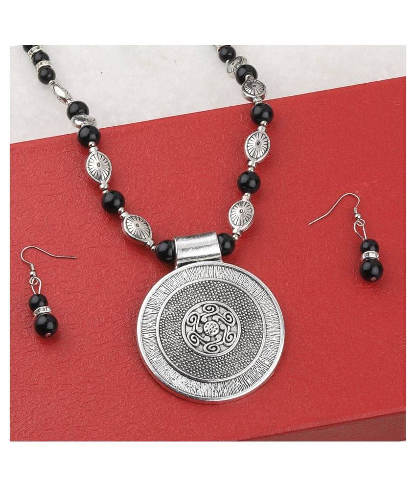 SILVERSHINE Adjustable Silver Plated With Black Pearl Fancy Look Pendant mala set for Women girl SILVERSHINE Adjustable Silver Plated With Black Pearl Fancy Look Pendant mala set for Women girl
