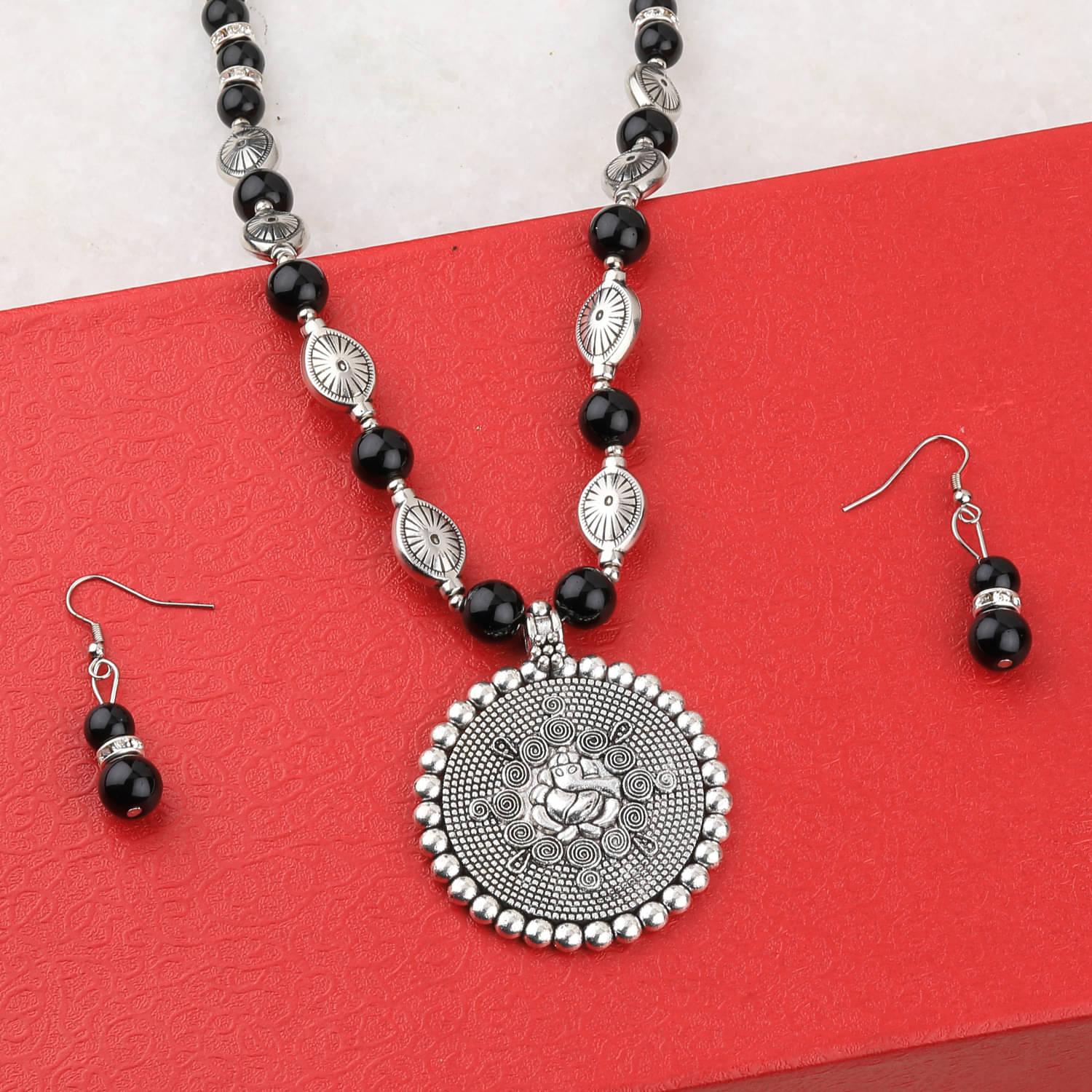 SILVERSHINE Adjustable Silver Plated With Black Pearl Ganeshji Pendant mala set for Women girl SILVERSHINE Adjustable Silver Plated With Black Pearl Ganeshji Pendant mala set for Women girl
